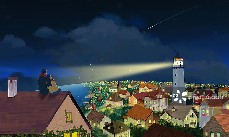 晚上海岛浪漫情侣看流星唯美爱情插画图片素材