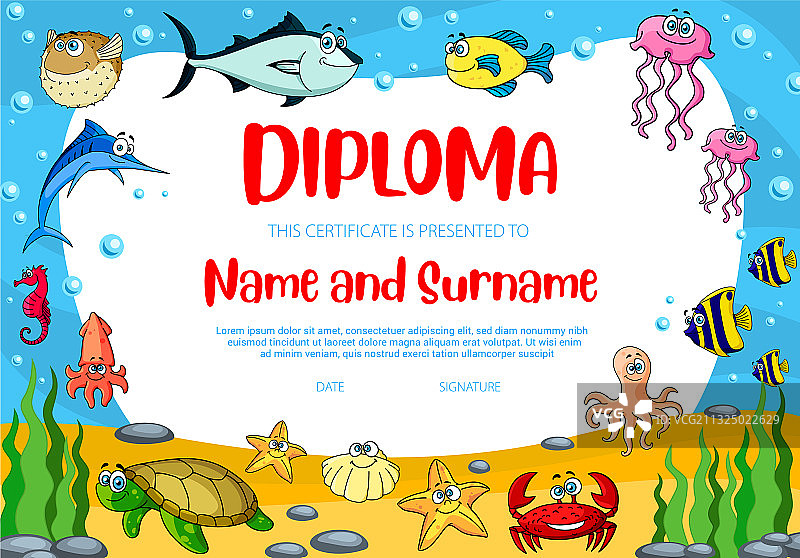 儿童教育文凭，含鱼、螃蟹和海龟图案图片素材