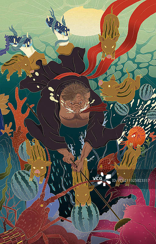 传统国潮漫画国风神话故事猪八戒插画图片素材