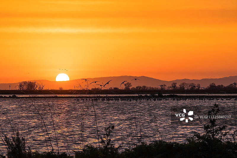 美国加利福尼亚州默塞德橙色天空下的湖泊风光图片素材
