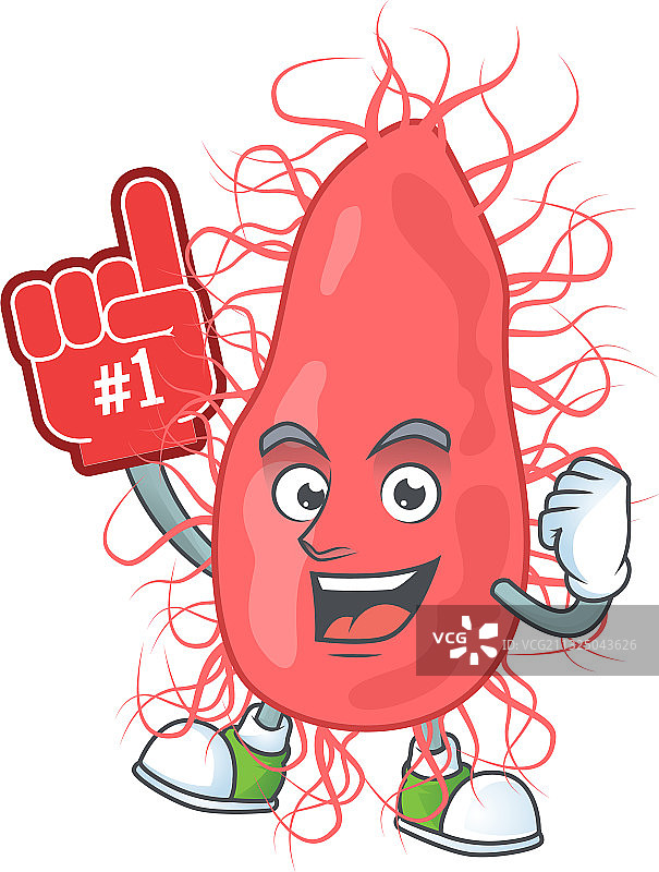 手持红色泡沫手指的卡通大肠杆菌图片素材