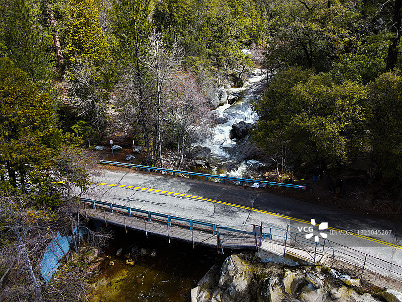 高角度拍摄：美国加利福尼亚州巴斯湖森林中的河上桥梁图片素材