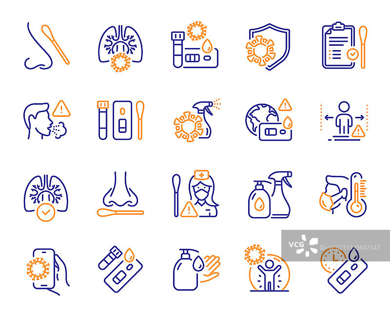 新冠检测线性图标：鼻拭子和血液检测图片素材