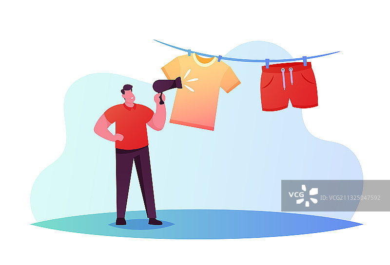 男人用扇子扇干悬挂的衣服图片素材