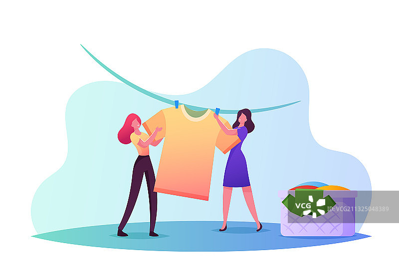 小体型女性角色晾晒湿衣服图片素材