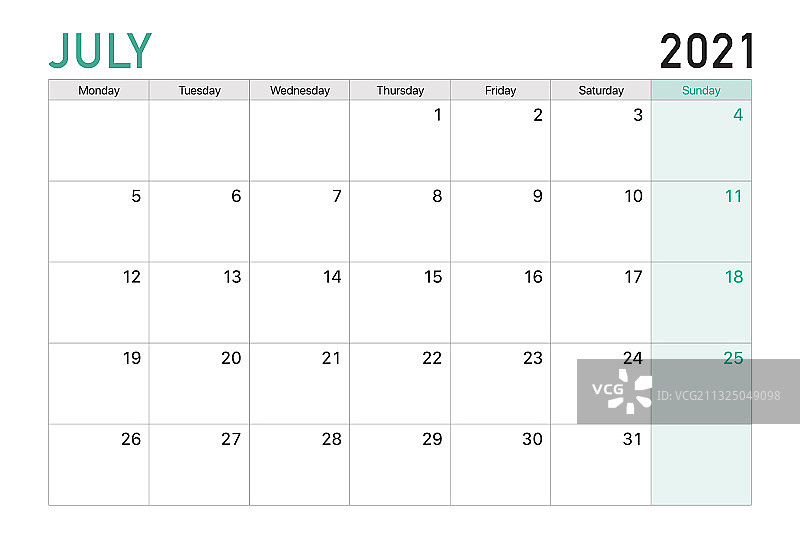绿白色主题2021年7月桌面日历图片素材