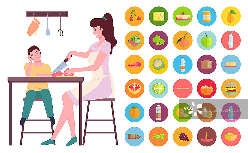 母子一起烹饪美食扁平风格插画图片素材