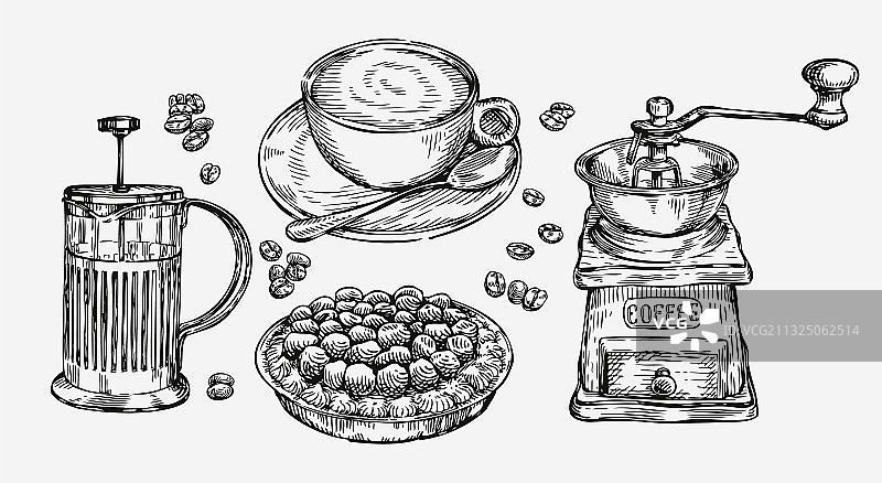 手绘复古咖啡美食概念草图图片素材