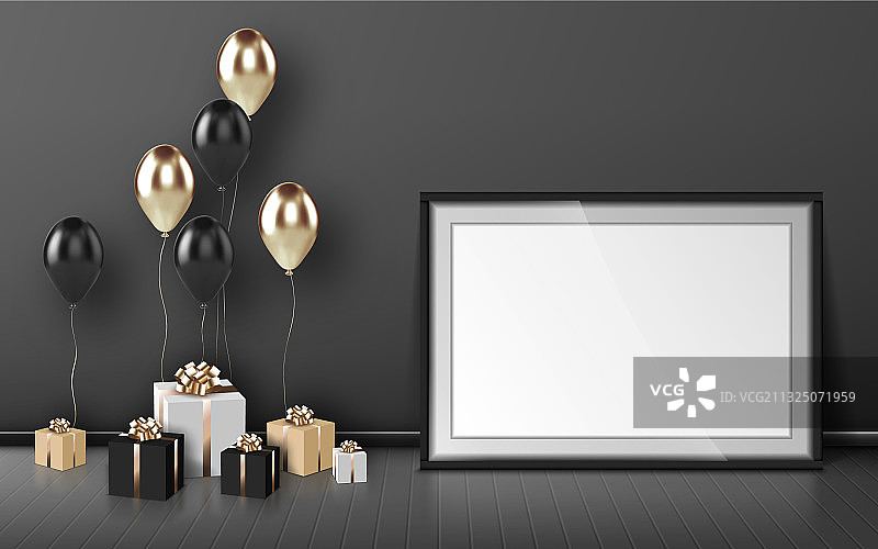 带气球和礼品盒的空白相框图片素材