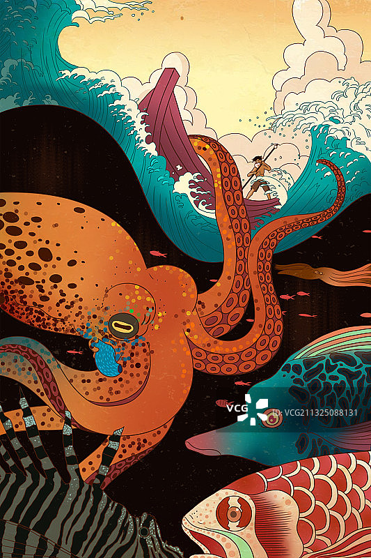中国风国潮大海老人与海鱼类潮牌插画图片素材