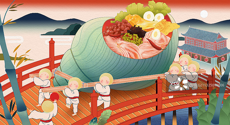 中国风传统食品螺蛳粉浮世绘风格粉丝食品包装插画图片素材