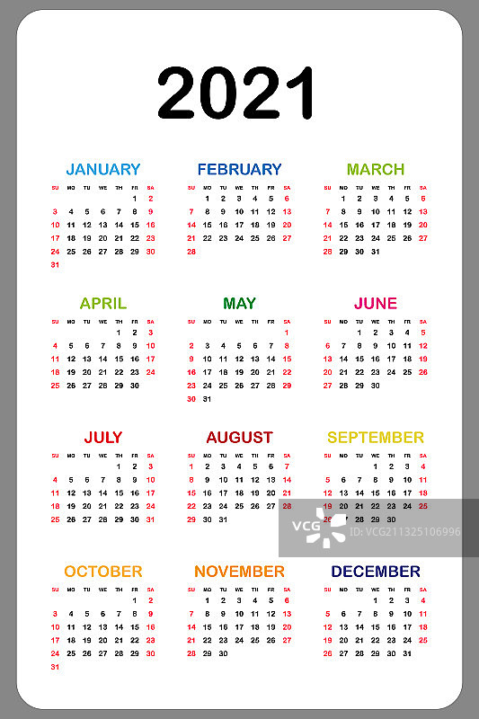 2021年周起始于周日的日历图片素材