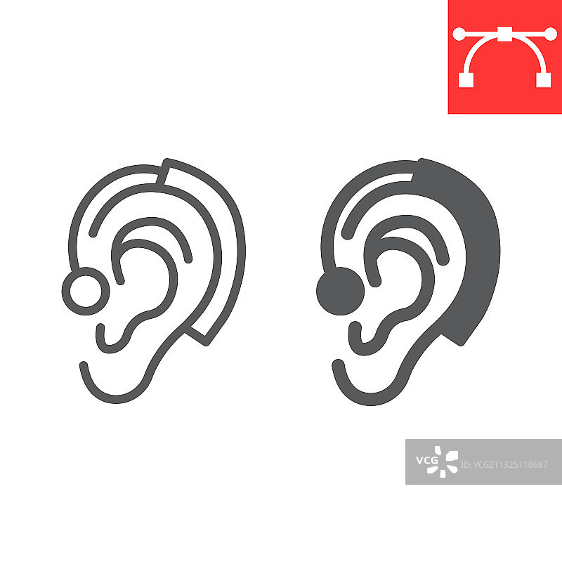 助听器线性符号和字形图标、残疾和图片素材