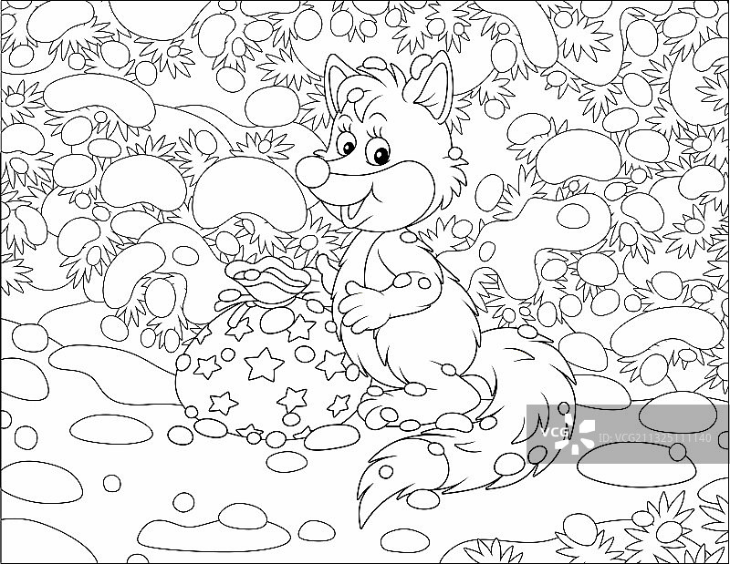 雪地冷杉下的礼物小狐狸图片素材