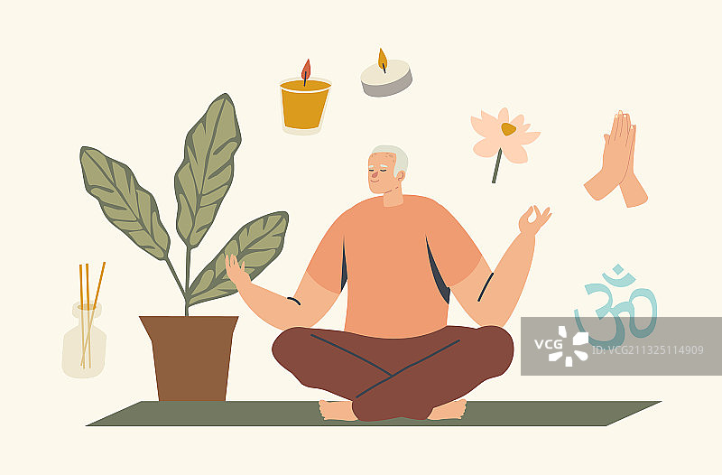 年长的男人冥想，做莲花瑜伽图片素材