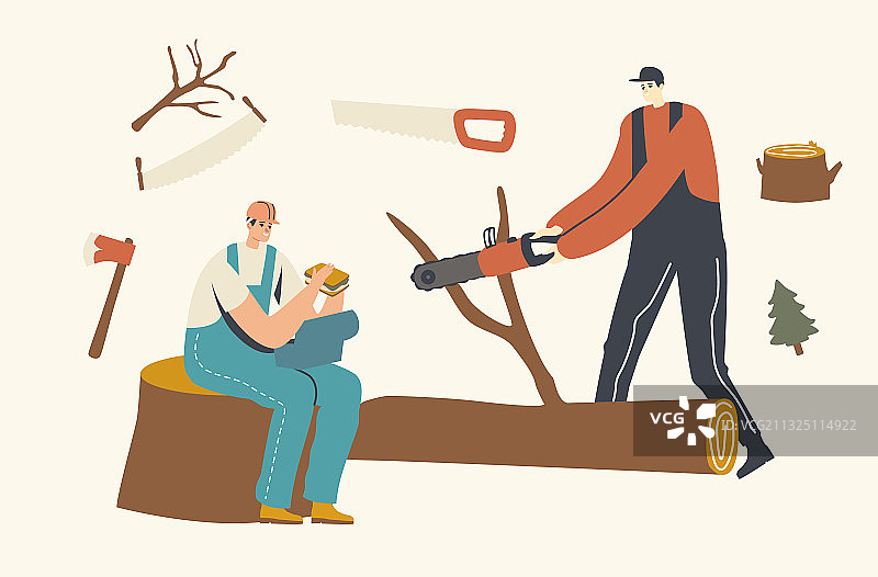 两名伐木工人砍伐树木并共进午餐图片素材