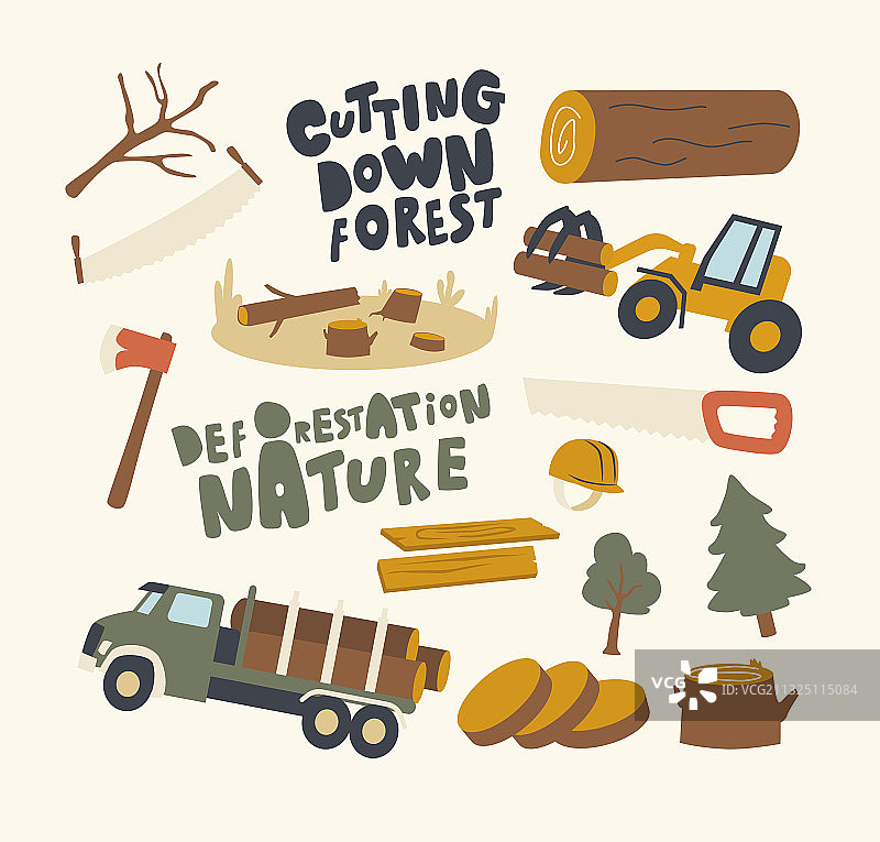 森林砍伐和树木砍伐主题图标合集图片素材