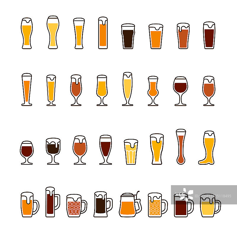 装在玻璃杯和马克杯中的啤酒泡沫图标图片素材