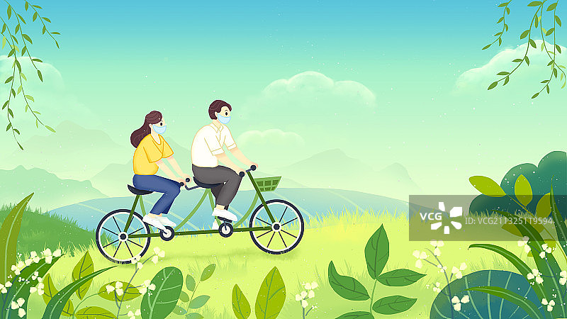 情侣度假户外骑车插画图片素材