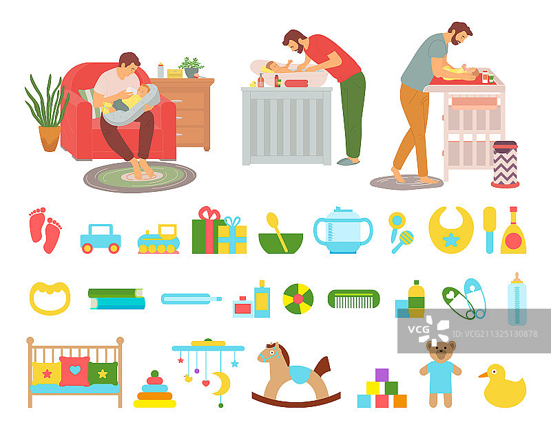 父亲照顾孩子：洗漱和换尿布图片素材