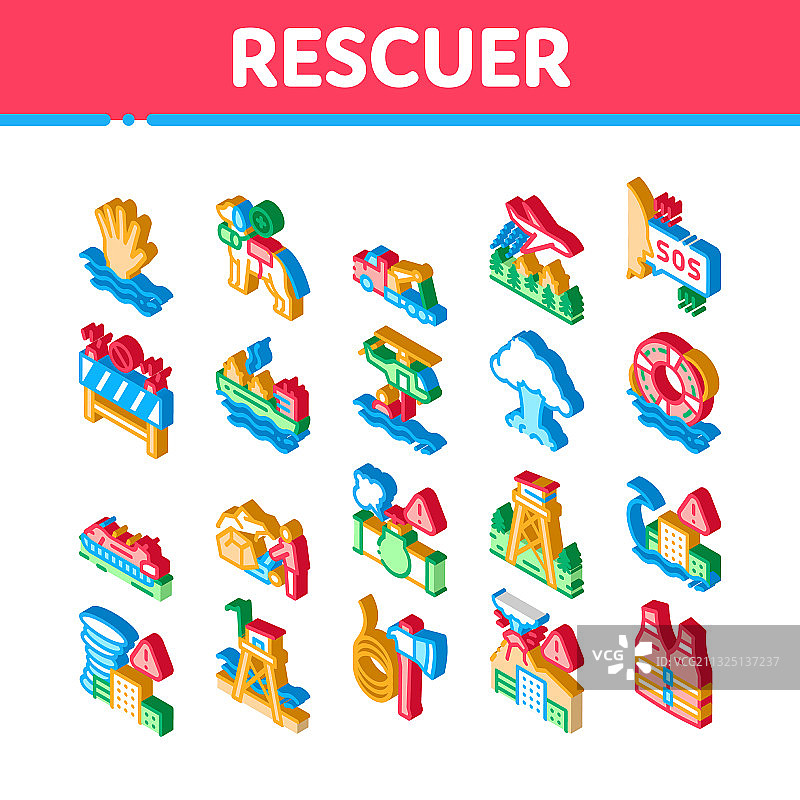 救援设备2.5D等距图标集图片素材
