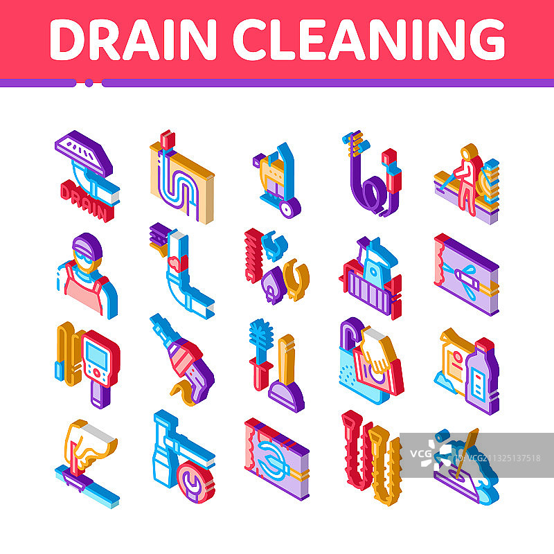 排水清洁服务2.5D等距图标集图片素材
