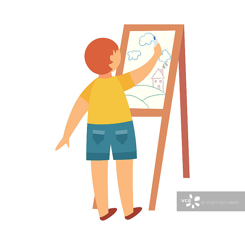 在画架后绘画的小孩扁平风格插画图片素材