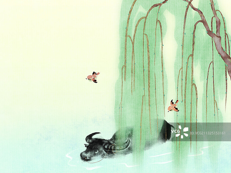 水彩画夏天风景横版图片素材