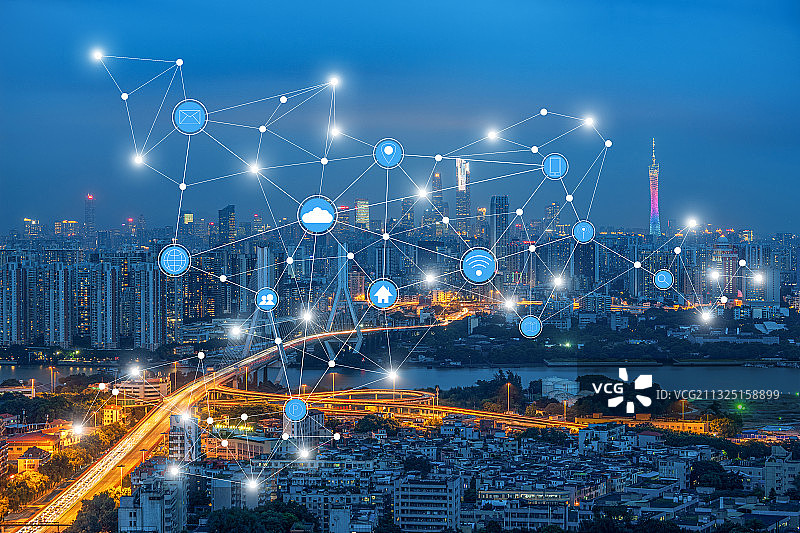 广州城市风光夜景和5G科技大数据智慧城市概念图片素材