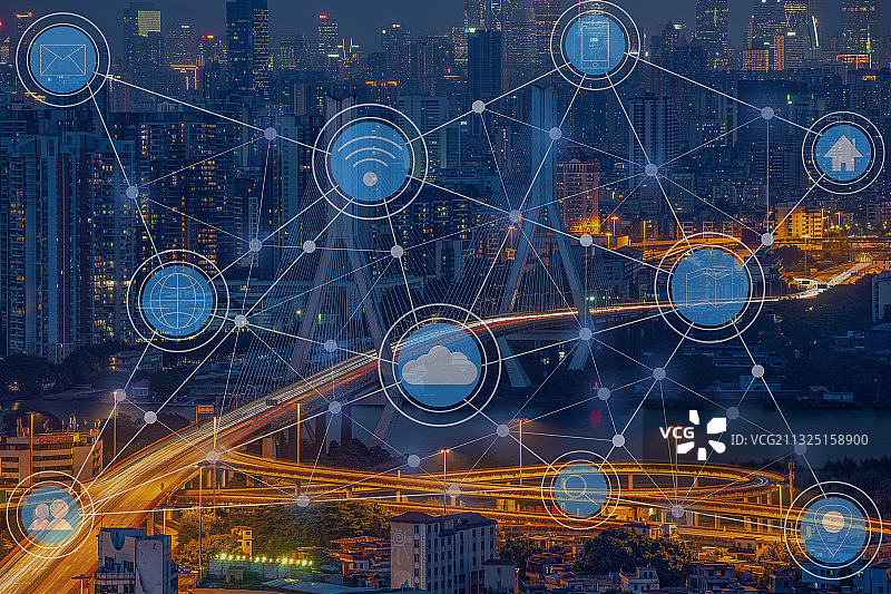 广州城市风光夜景和5G科技大数据智慧城市概念图片素材
