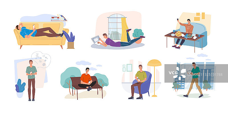 扁平卡通人物上网场景图片素材