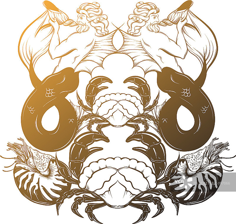 手绘海神海螺鹦鹉螺螃蟹图片素材