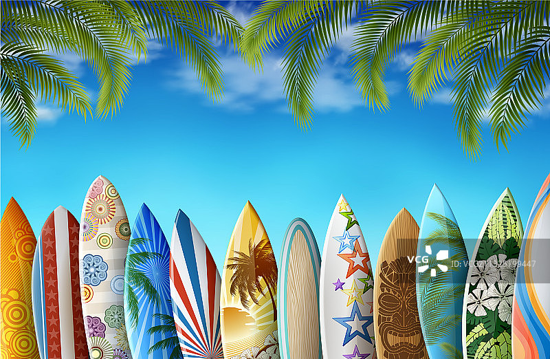 冲浪板与棕榈叶背景图片素材