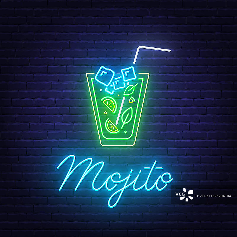 砖墙背景上的莫吉托鸡尾酒霓虹灯图片素材