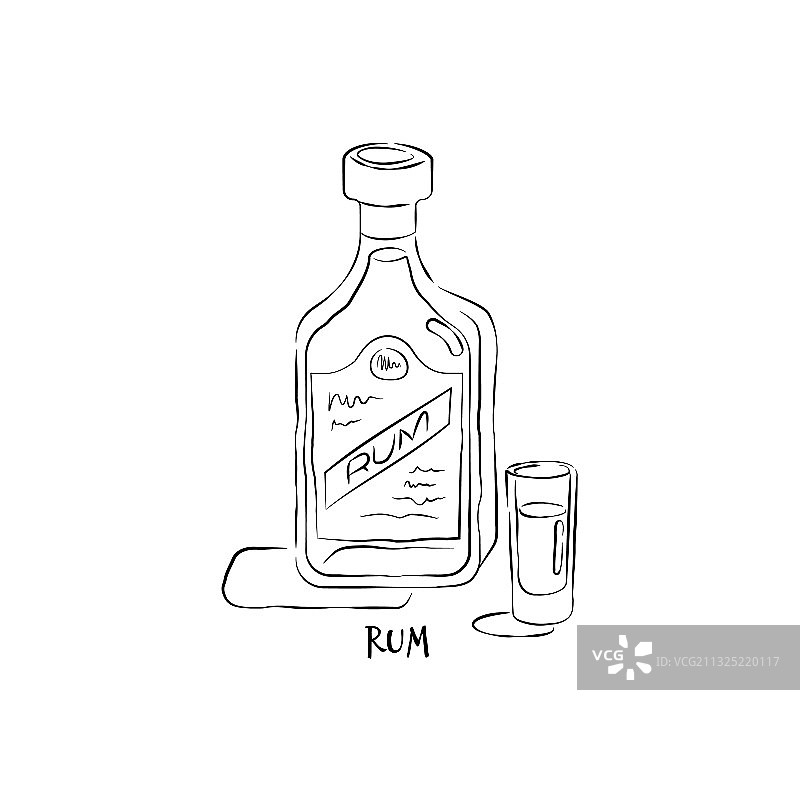 手绘风格的朗姆酒瓶和酒杯图片素材