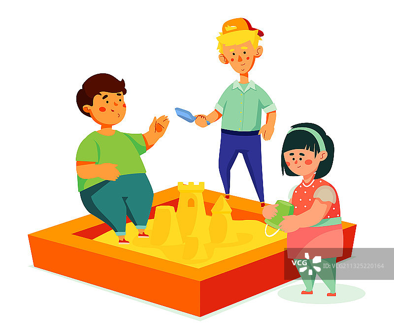 在沙箱里玩耍的儿童 - 彩色扁平风格图片素材