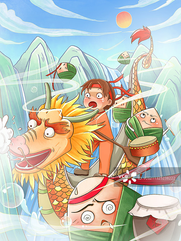 趣味创意端午节赛龙舟粽子酒山水插画国潮中国风图片素材