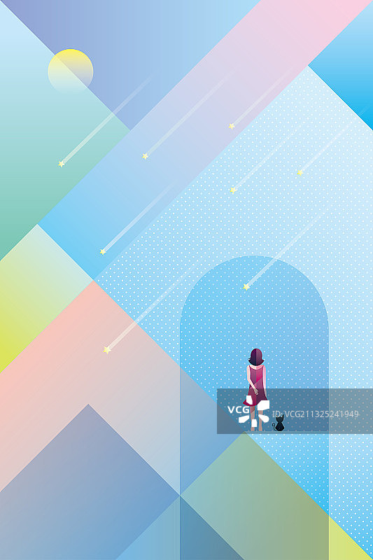 夜晚少女和猫看着流星划过天空插画图片素材