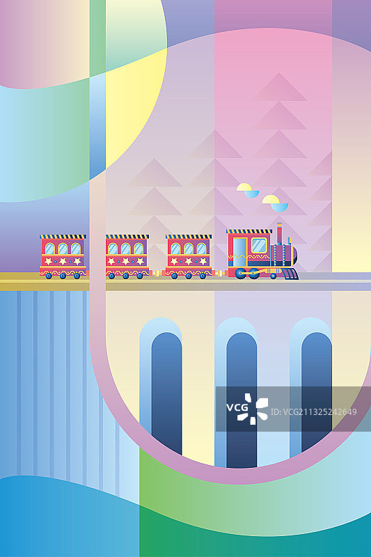 一辆小火车驶过一片森林，背景是天空和桥梁图片素材