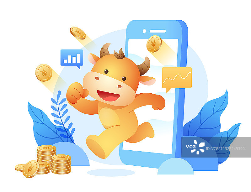 卡通牛系列之从手机里跑出和金币等背景图片素材