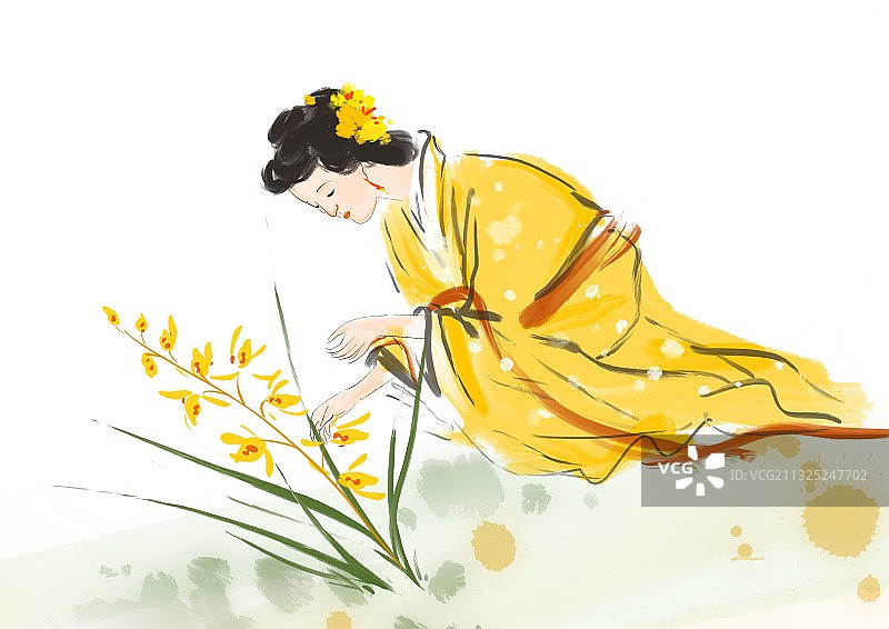 春天仕女人物画赏花图片素材