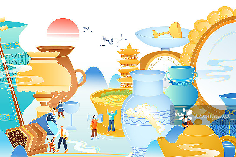 卡通陶瓷工艺瓷器古典乐器艺术品展览电商亲子中国风国潮矢量插画图片素材