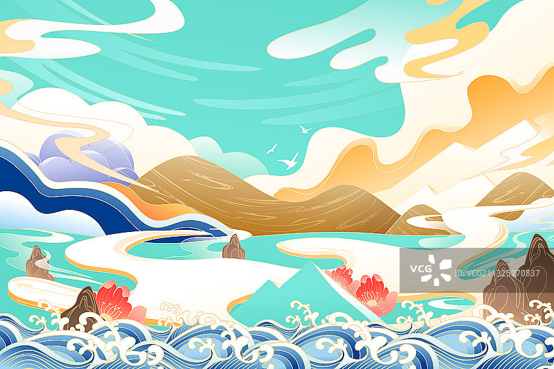 卡通春季亲子游自然风景海浪花卉古人美食家居中国风国潮矢量插画图片素材