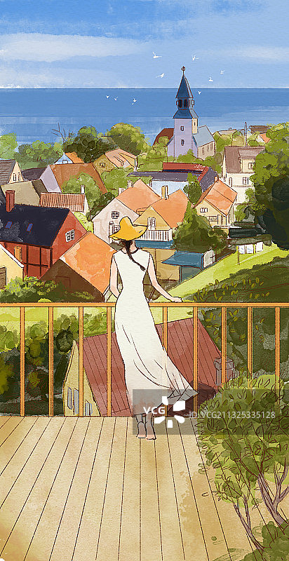 少女小清新浪漫度假海岸阳台背影可爱插画图片素材