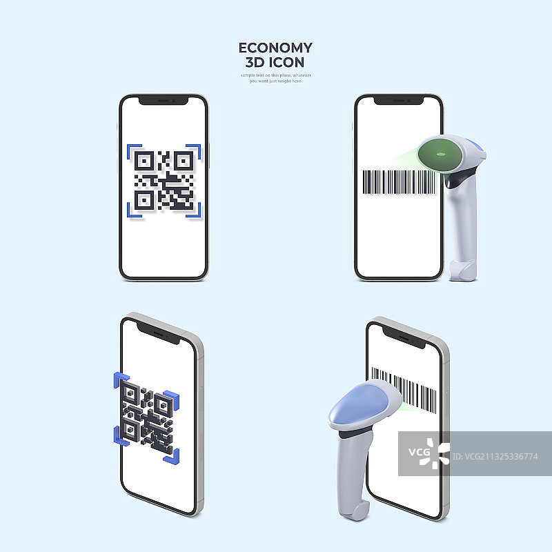 金融3D图标：移动支付的二维码和条形码扫描图片素材