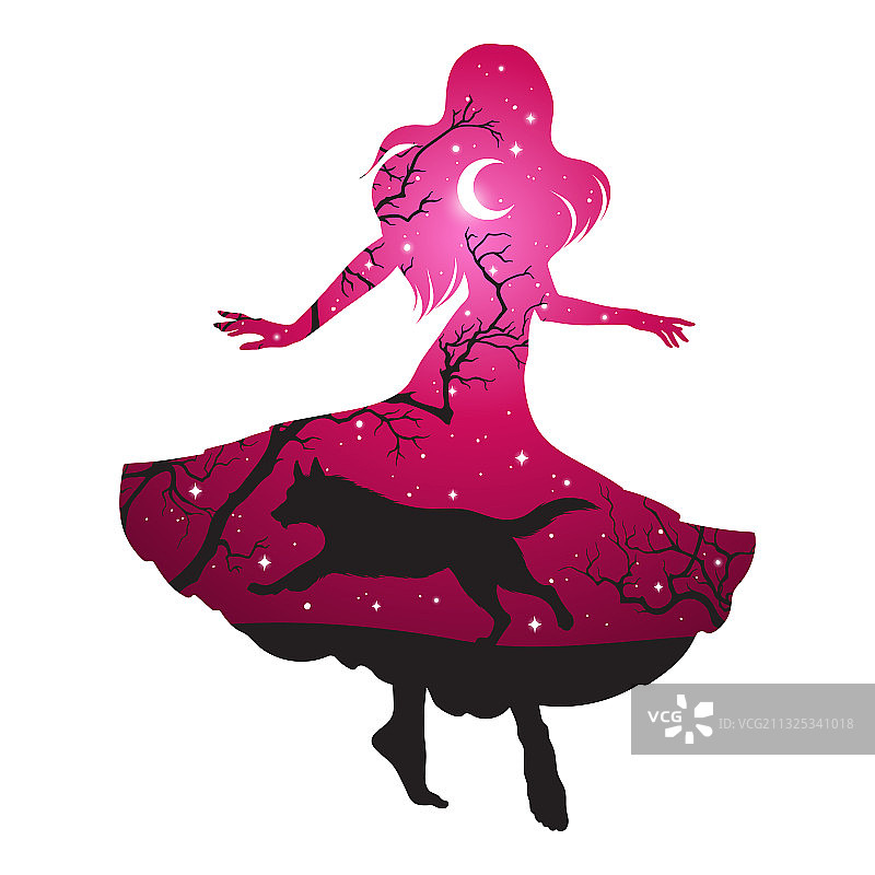 双重曝光：女性剪影与狼图片素材