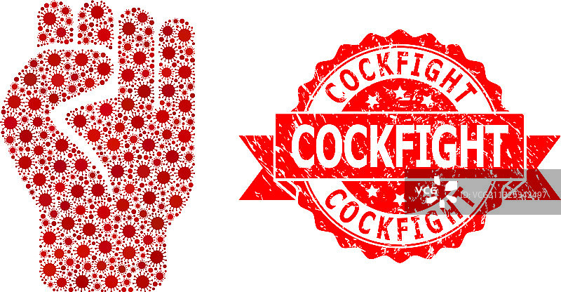 橡胶斗鸡印章和COVID病毒图案图片素材