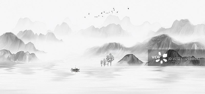 手绘中国风意境山水画图片素材