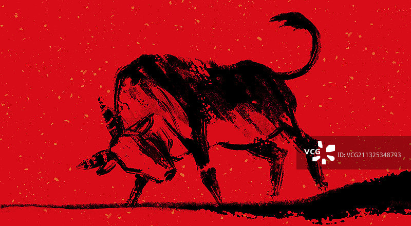 中国红写意水墨牛牛气冲天插画图片素材