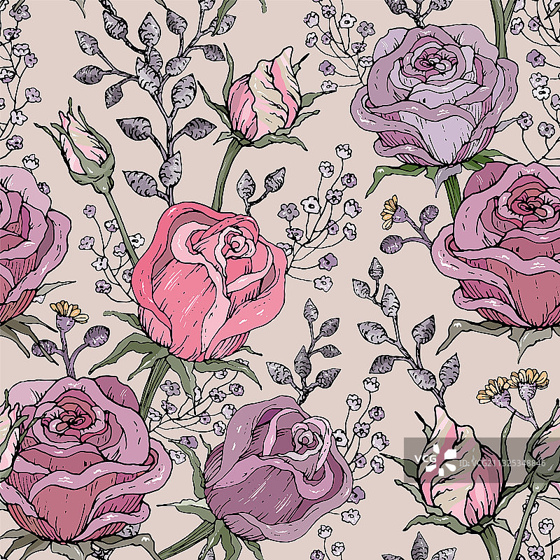 手绘风格化玫瑰无缝图案图片素材